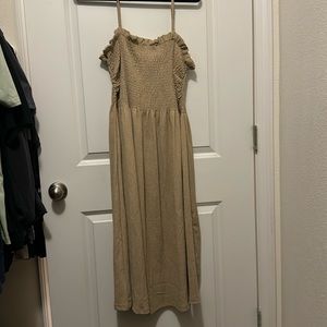 Tan spaghetti strap mid shin dress